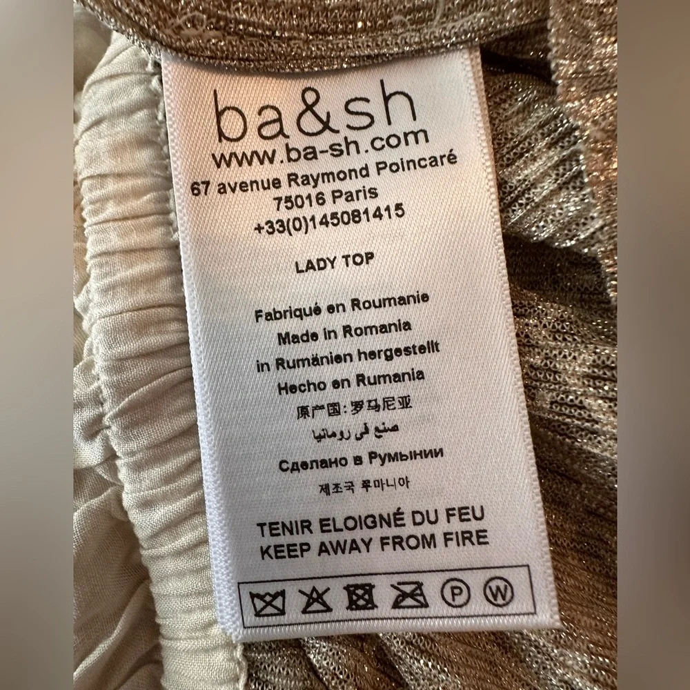 Ba&sh Caitlin gold metallic vneck peplum elastic cuff & waist 2 shirt/blouse